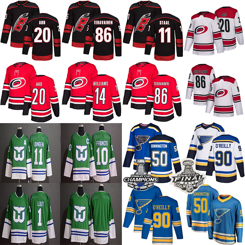 

2019 St. Louis Blues Season Carolina Hurricanes 91 Tarasenko 90 Ryan O'Reilly 50 Binnington 20 Sebastian Aho 14Justin Williams hockey jersey, Blue