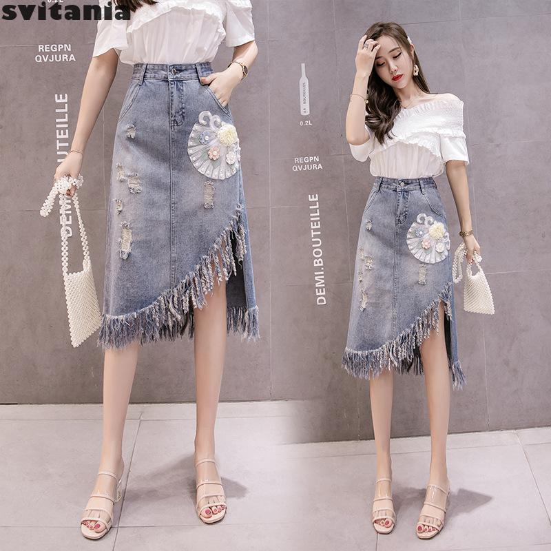 

Svitania Tassel A-line Jean Skirt Women' Summer Irregular Beaded Flower Mid-calf Skirt, Beige