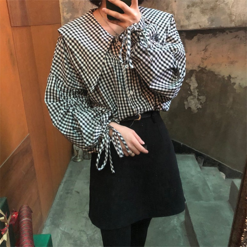 

Alien Kitty Chic Vintage Plaid Preppy Style All Match Loose Women Slim 2020 New Casual Shirts Geometric Drawstring Blouses, Photo color