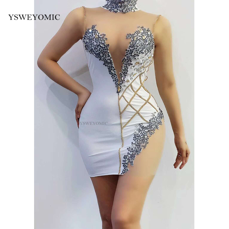 

New Rhinestones Transparent Mesh Chest Short Dress Spandex Bar Birthday Celebrate Dress Outfit Prom Women Dance Singer, As pic