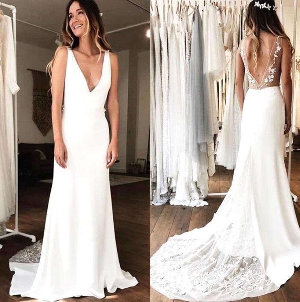 

V Neck Chiffon Bohemia Beach Wedding Dress 2020 Lace Applique Backless Ruched Sweep Train Country Wedding Bridal Gowns BM1513, Black