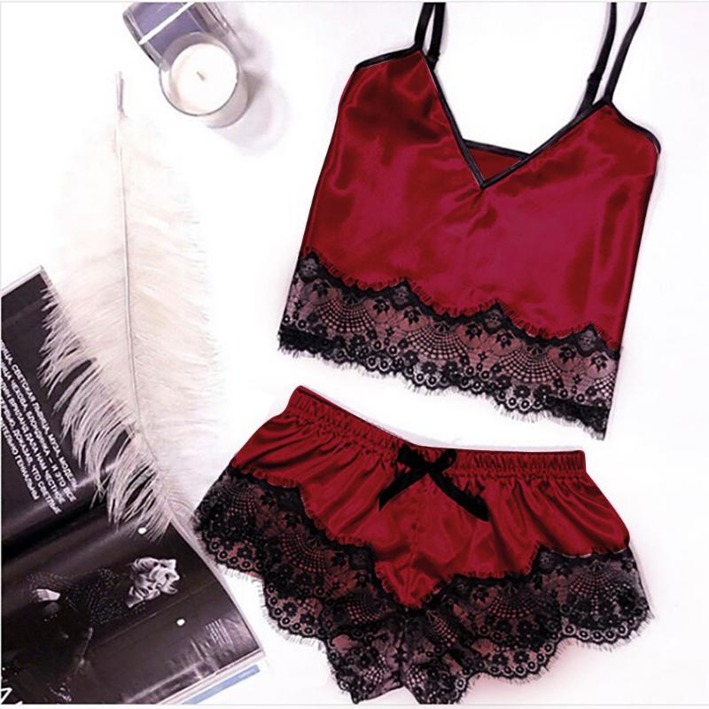 

Women Ladies Sexy Satin Lace Sling Sleepwear Lingerie Silk Babydoll Bowknot Nightdress Underwear Nightwear Pajamas Set D7