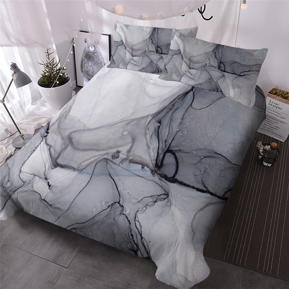 

HM Life Ink Art Bedding Set Marble Style Duvet Cover Set 3 Piece Gray Blue Pink Comforter Cover Abstract Colorful Home Textiles