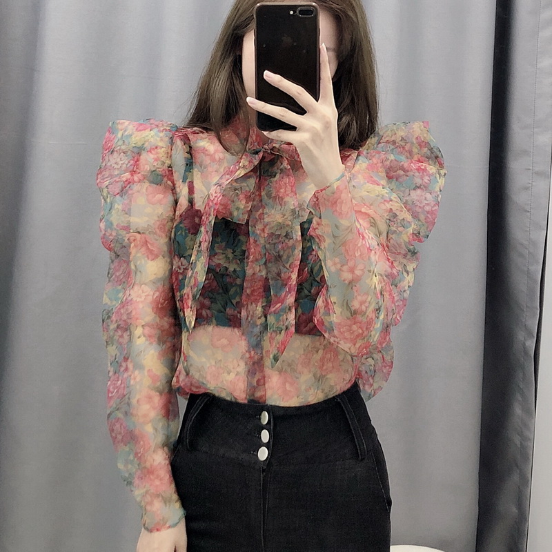 

Sexy Women Blouse Summer 2019 New Fashion Transparent Organza Floral Prints Bow Collar Modern Lady See Through Ruffle Shirts, Multi
