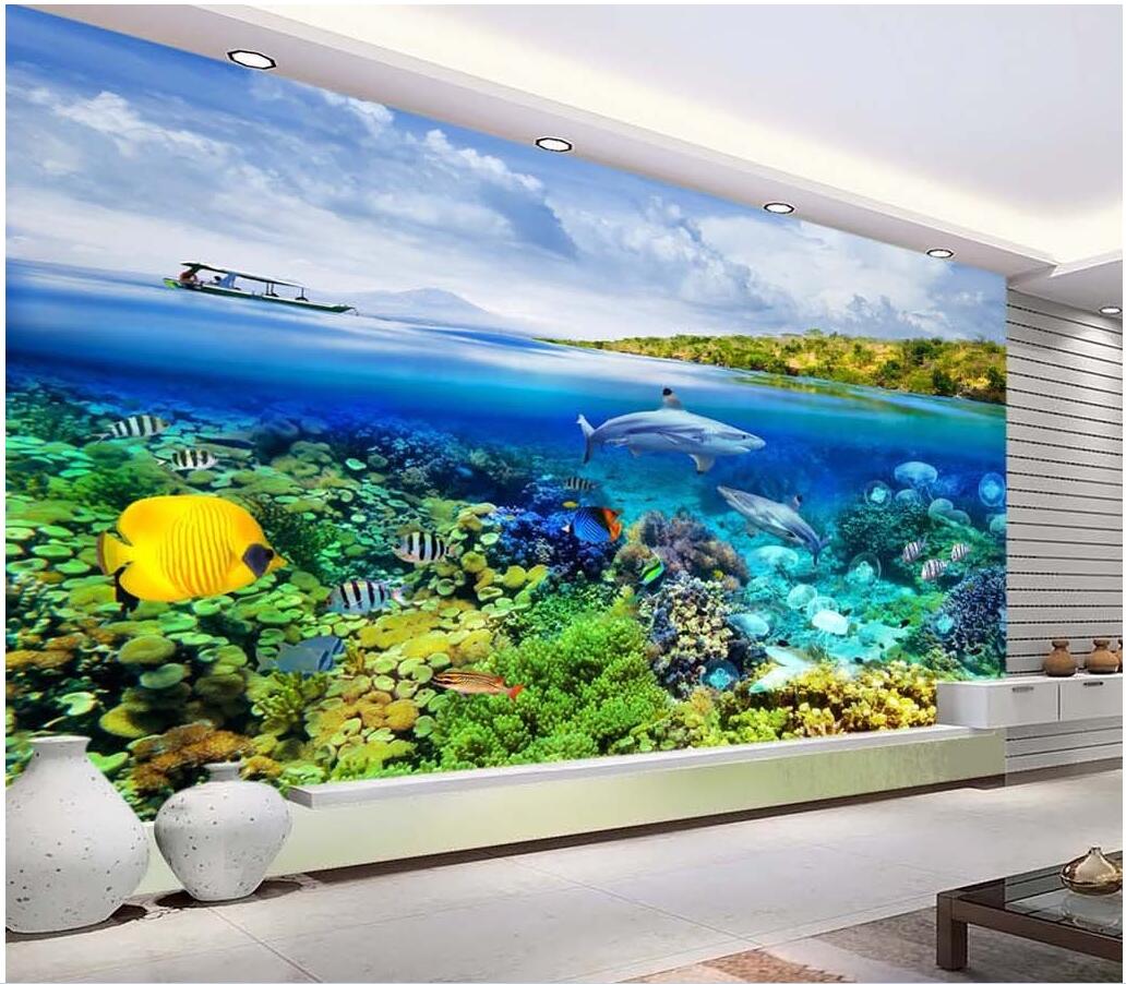 

WDBH 3d wallpaper custom photo Blue ocean shark coral tv background painting living room home decor 3d wall muals wall paper for walls 3 d, Non-woven