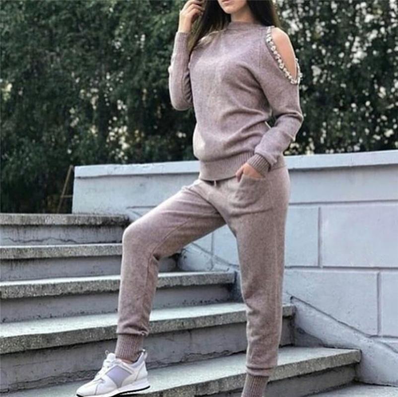 

Taotrees Shoulder Hollow out Beading Sweater Tops Pant Suits Long Sleeve Pullovers Knitted Jumpers Trouser Set, Khaki