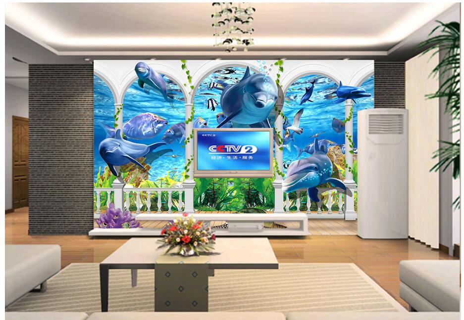 

3d wallpaper custom photo mural Pillar underwater world dolphin tv background living room Home decor 3d wall murals wallpaper for walls 3 d, Non-woven
