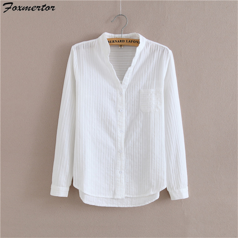 

Foxmertor 100% Cotton White Blouse Shirt 2018 Spring Autumn Blouses Shirts Women Long Sleeve Section Casual Tops Solid Pocket Y200103, 57