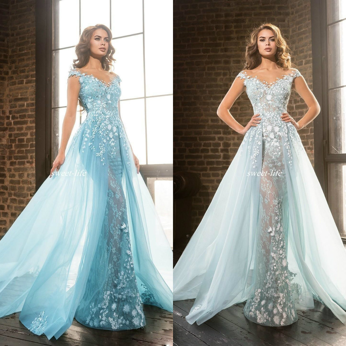 

2020 Wathet Mermaid Evening Dresses Applique Lace Rhinestone Tulle Prom Dress Sweep Train Non Detachable Train Formal Dresses, White