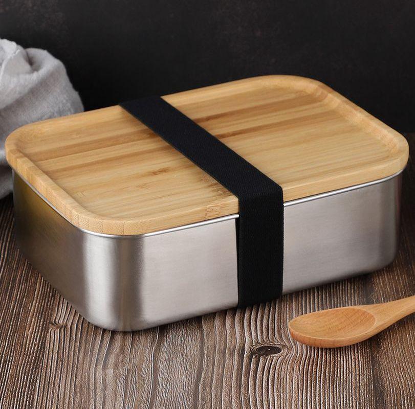 

800ml Food Container Lunch Box with Bamboo Lid Stainless Steel Bento Box Wooden Top 1 layer Food Kitchen Container Easy for Take KKA7844, As pic