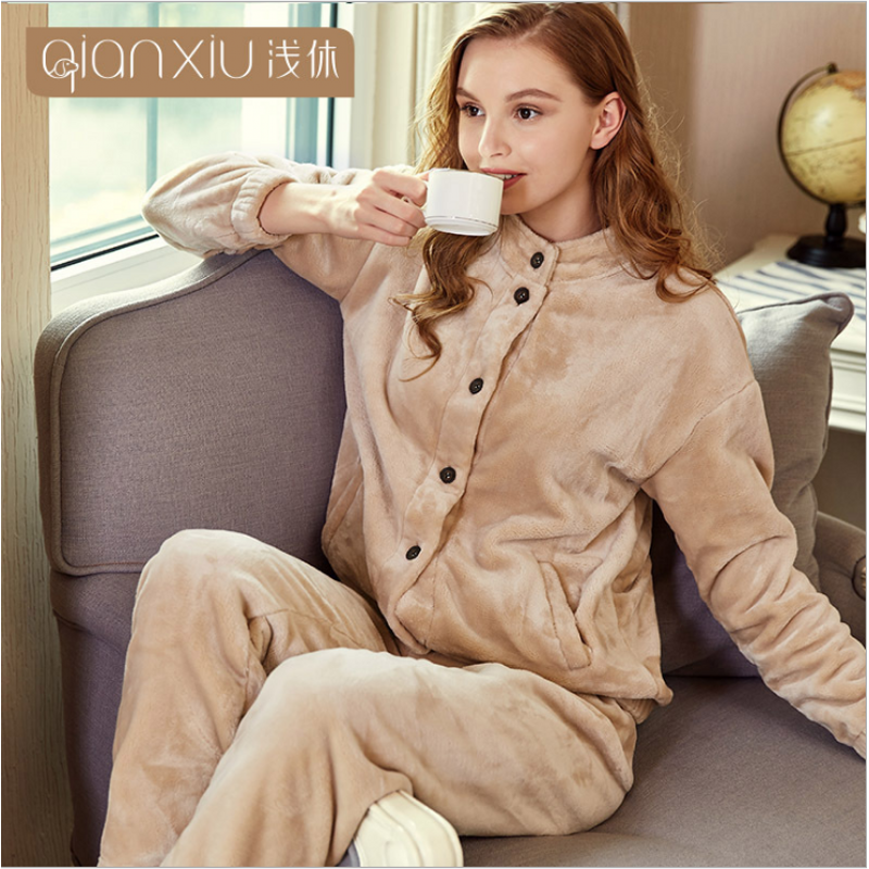 

2018 Winter Thicken Pijamas Ladies Casual Pajama sets Women Flannel Sleepwear Suit Female Turn-up collar Cardigan Coat +Pants