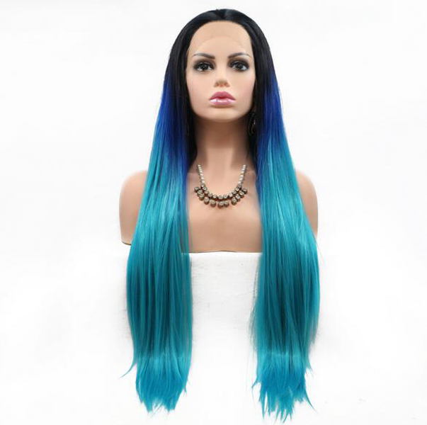 

The latest European and American hot style star hairstyle blue gradient 22-26 inches long straight hair front lace chemical fiber wig, Photo color