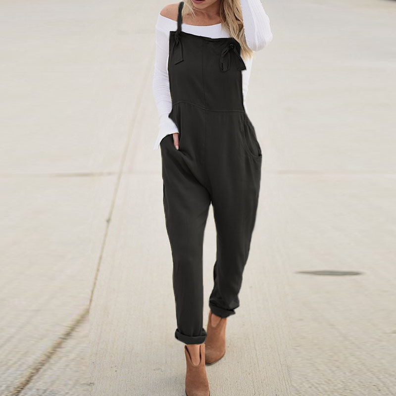 

2020 Summer ZANZEA Rompers Women Jumpsuit Sleeveless Strappy Long Playsuit Casual Pockets Combinaison Femme Overalls Bodysuit, Black