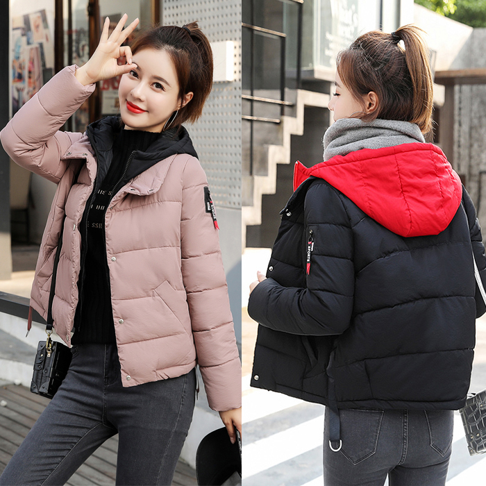 

Winter Women Contrast color Hooded Short Bread service Coat Down Cotton Jacket, Brick red