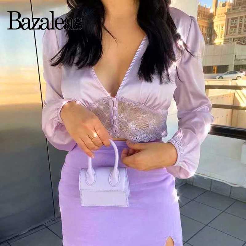 

Bazaleas France Lace Patchwork Long Sleeve Women blouse Elegant Purple blusas mujer de moda 2020 Vintage V Neck Satin Tops, 842 purple b118