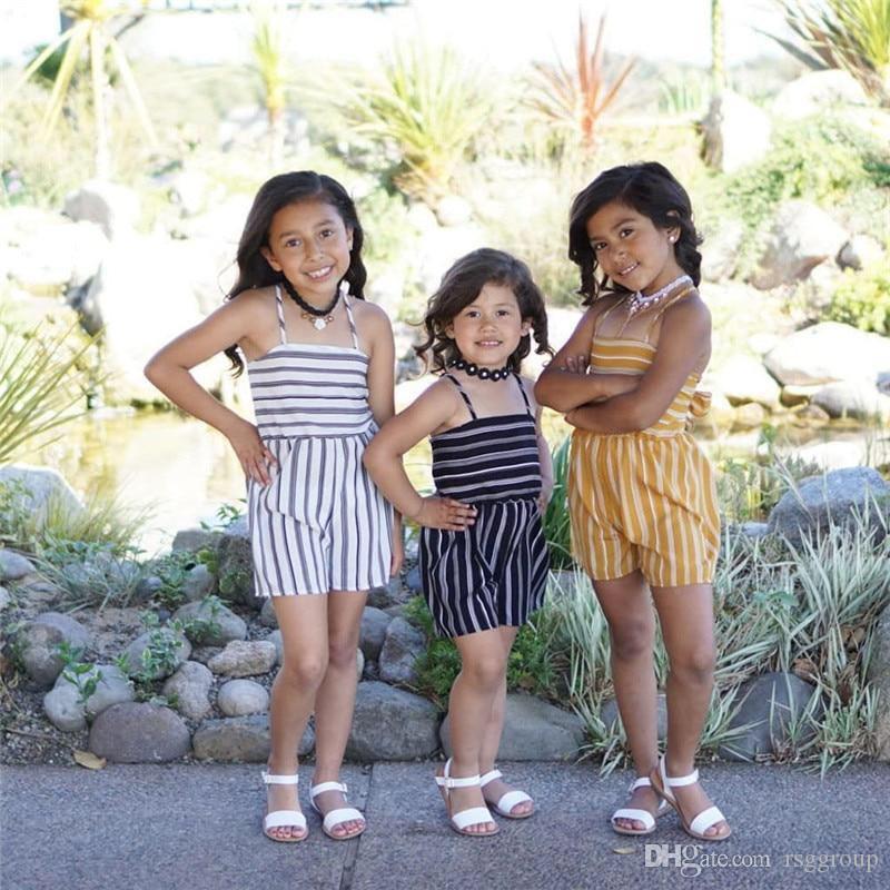 

Little Girls Cotton Onesies Kids Girls Overalls Jumpsuits Rompers Stripes Belt Backless White Strips Jumpsuits One Piece Suspender Overalls