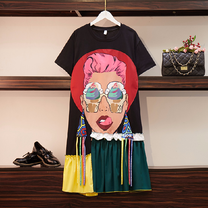 

5XL Large Size Women Dress New 2019 Summer Fashion Print Cartoon Tassel Loose Tshirt Dress Hit Color Oversize Dress, Black