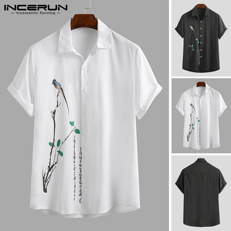 

Men Printed Vintage Shirt Casual Short Sleeve Breathable Turn Down Collar Shirt Summer Vacation Camisa Streetwear Blouse INCERUN, Black