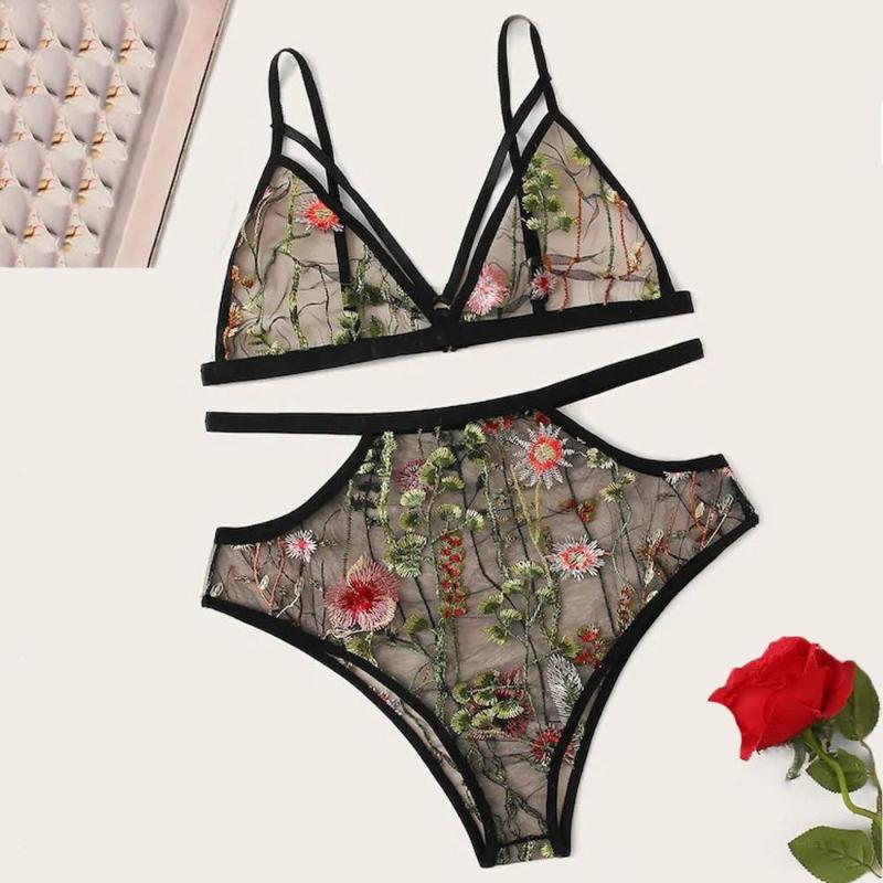 Sexy Bra Transparent Underwear Set Women Flower embroidery Sexy Lengerie Hot Erotic Push Up Bralette Seamless G string Panties#W