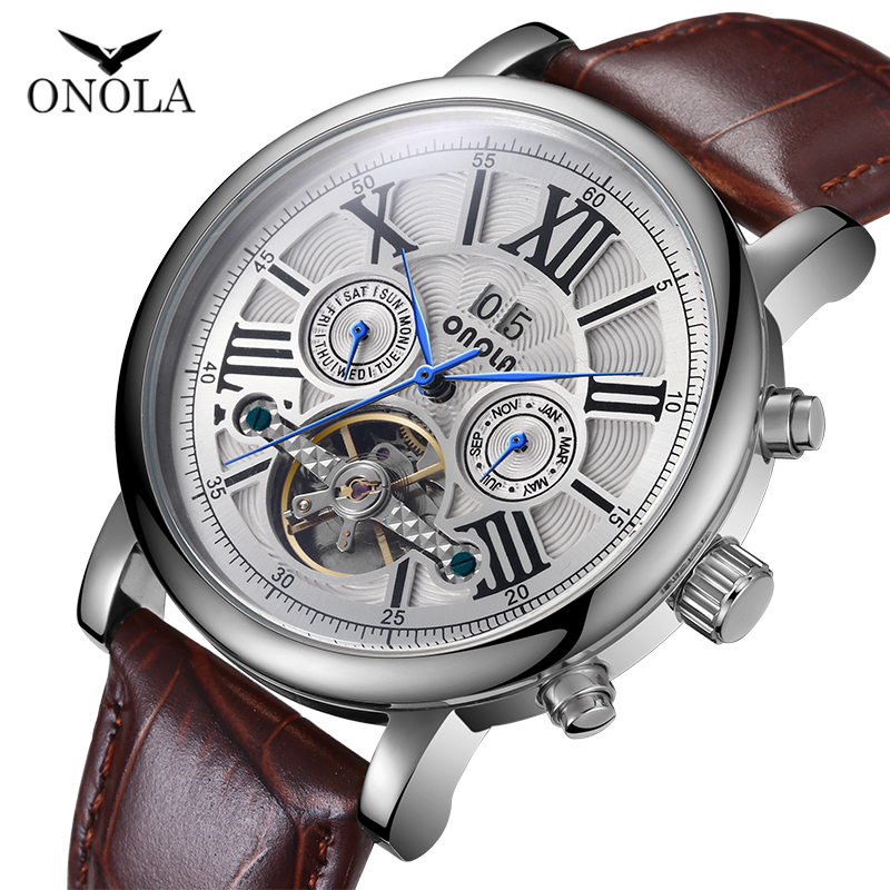 

ONOLA Brand High quality mechanical watch men fashion casual classy wrist watch leather belt automatic mechanical watch for men, Slivery;brown