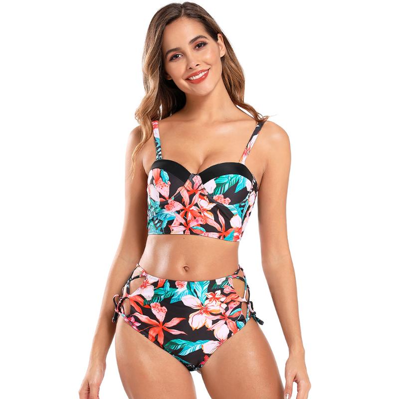 

High Waist Swimwear 2020 Summer Leaf Print Bikinis Women Swimsuit Vintage Bathing Suit Halter Female Beachwear Women Biquini
