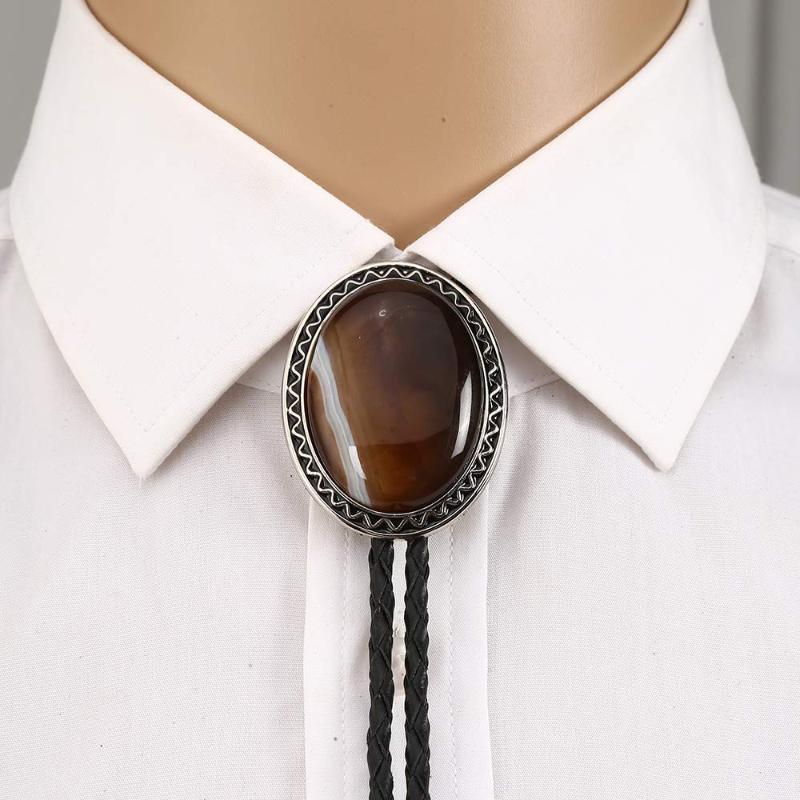 

New design brown agateoxny bolo tie for man cowboy western cowgirl leather rope zinc alloy necktie Oval shape wave side