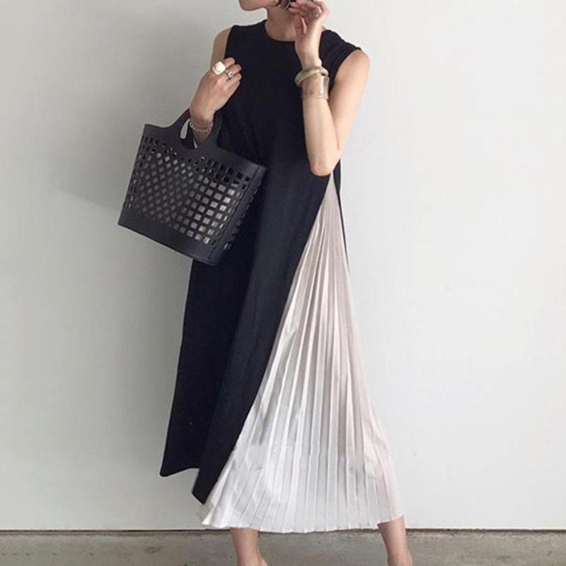 

Korean Sleeveless Women Long Dress 2020 Summer Pleated Patchwork Lady Maxi Dresses Robe Femme Vestiods Janpan Casual Date, Black