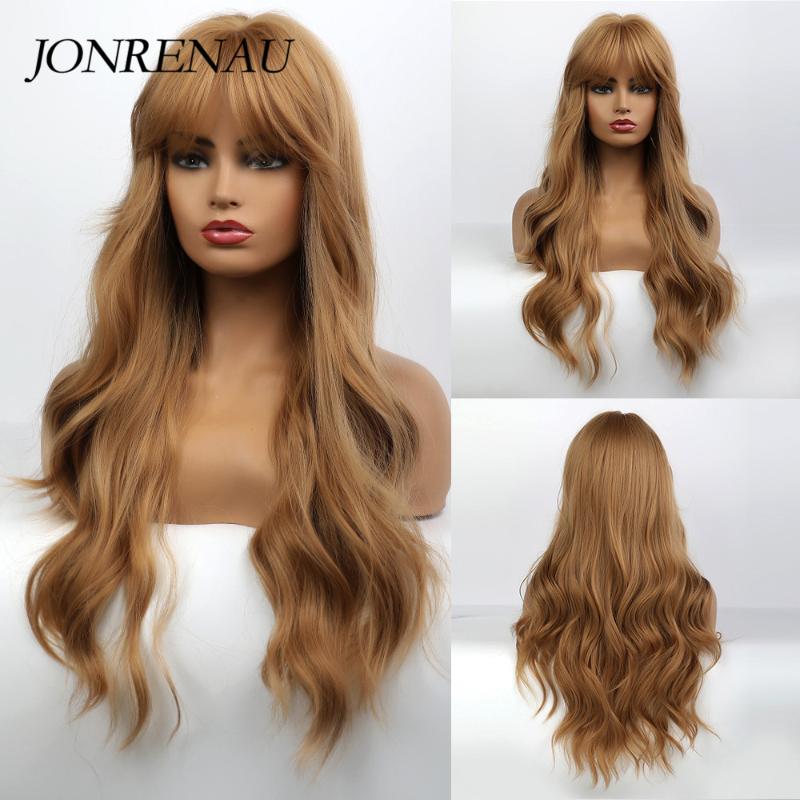 

JONRENAU Synthetic 26" Brown Color Long Wavy Hair Trendy Cosplay Wigs with Neat Bangs for White/Black Women Everyday Wigs, Lc281