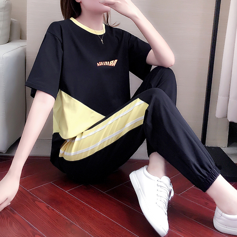 

Yoga tracksuit for women Motion Suit leisure Woman Fashion Summer Pattern Western Style Hip-hop Run Harbor Taste Loose 2 piece, Black