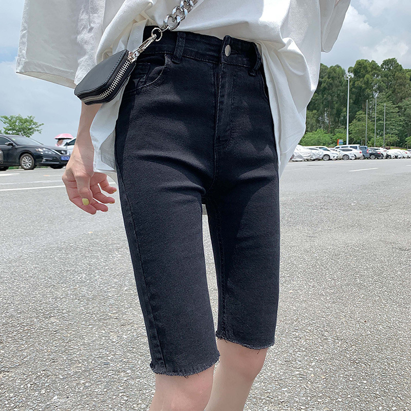 

2020 Capris Skinny Jeans Woman Black High Waist Knee Length Mom Jeans For Women Denim Capri Pencil Pants Trousers Summer