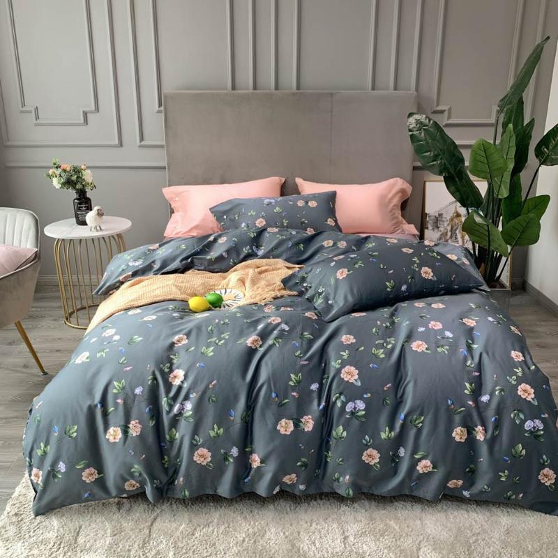 

American Floral Flowers Grey Nordic High Count Egyptian Cotton Bedding Set Queen King Size Bedlinens Flat sheet Duvet Cover Set, 20195600