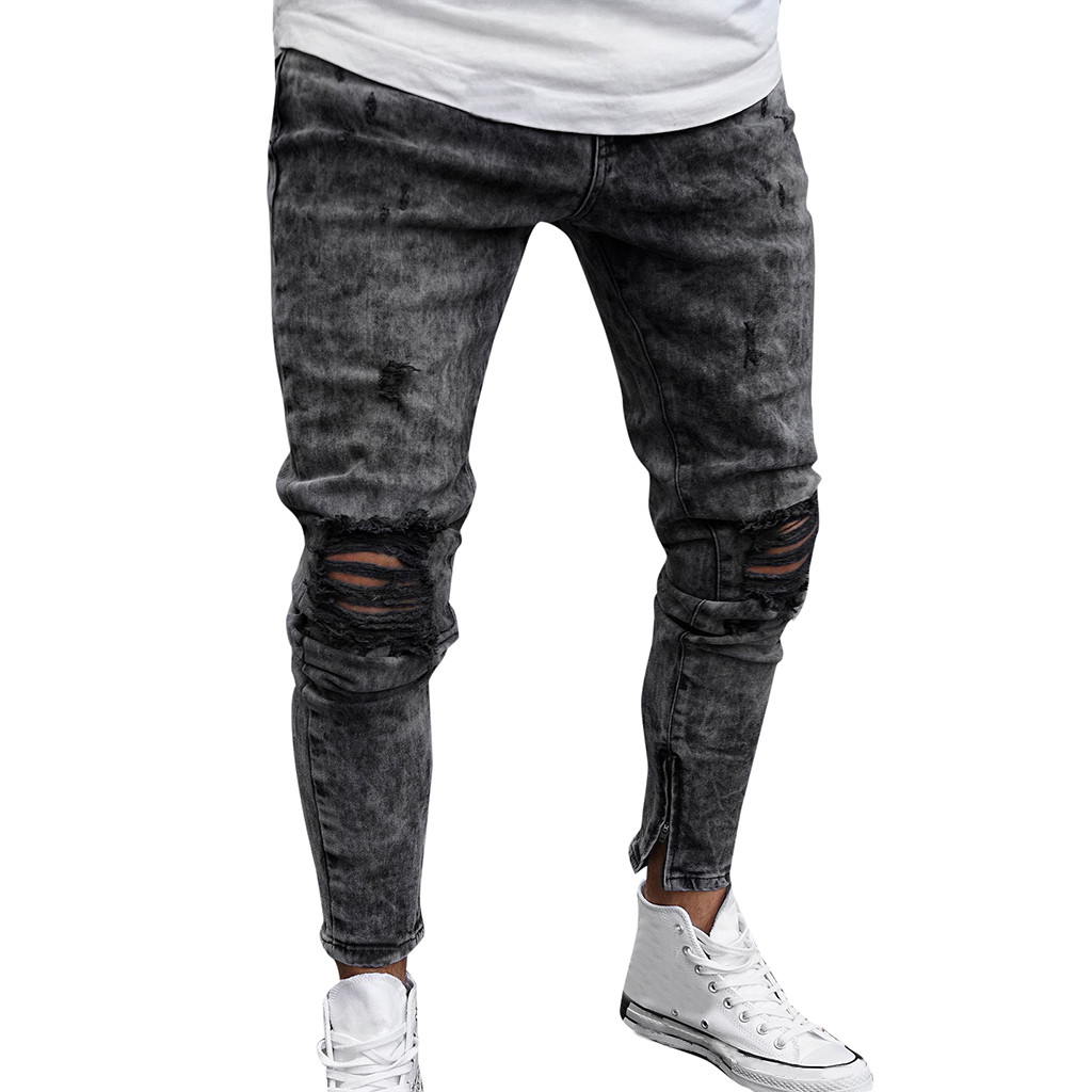 Vantage Holes Ripped Demin Mens Jeans Slim Fit Bandage Skinny Black Jean Homme Cotton Pencil Pants Sexy Fashion Clothes-image-455693875