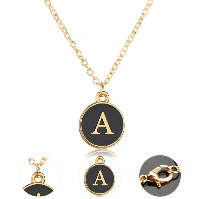 Korean Style Women Gift Pendants Jewelry Gold Plated Chain Round Alloy Enamel Letter Charm Necklace-image-539812570