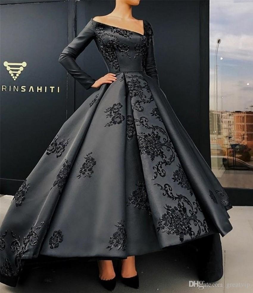 

2019 Satin Black Prom Dresses Long Sleeve V Neck Lace Appliques Ruffle High Low Plus Size Evening Gowns Special Occasion Formal Dress, Same as picture