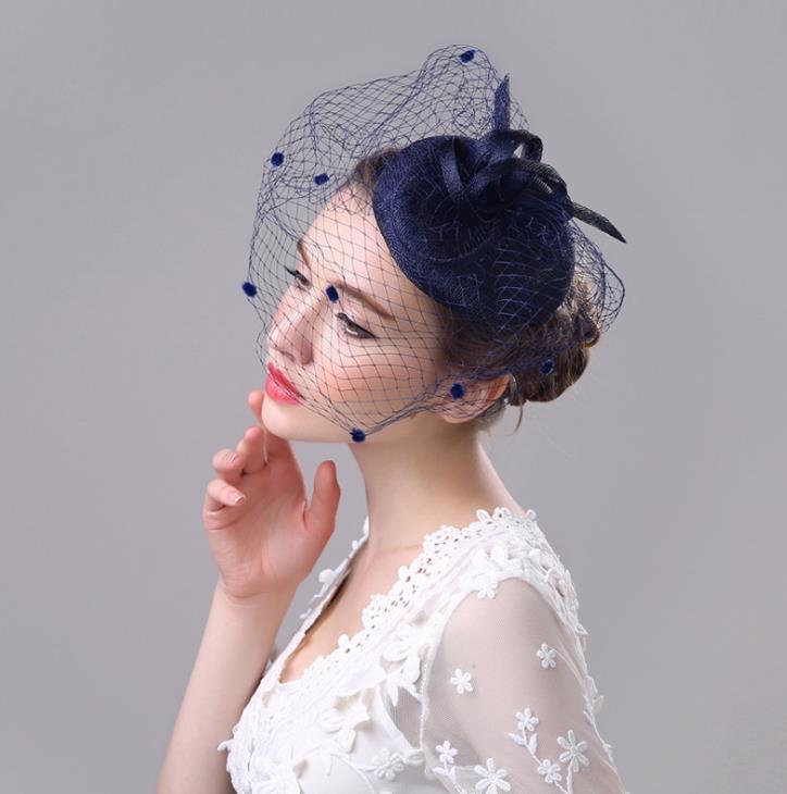 

Elegant top mini hat vintage linen large mesh cap wedding party veil fascinator hair clip fancy dress mask gift black beige grey blue