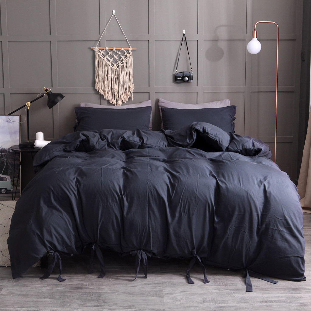 

2019 Black Color Lace-up Washed Cotton Duvet Cover Modern Style Set 3 Piece Simple Plain Quilt Cover Pillowcase Full Size L624
