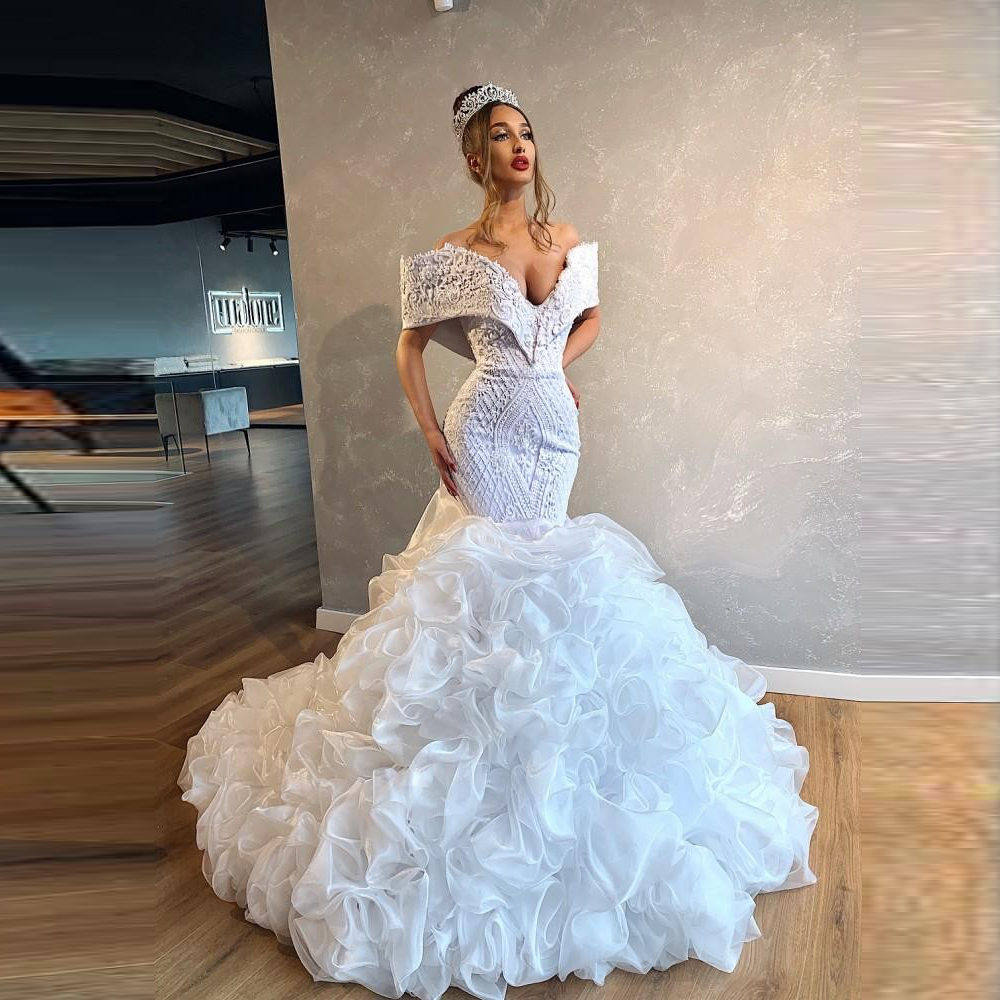 

Gorgeous Wedding Dresses Off The Shoulder Lace Appliques Beading Ruched Mermaid Wedding Dress Luxury Bridal vestido de noiva, White