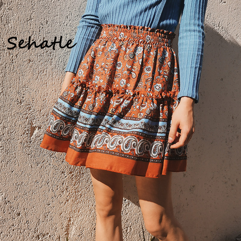 

Sehatle 2020 Summer new sexy women mini short skirts bohemian clothes floral pleated skirt polyester print ruffles clothing, Ww4201 sky blue