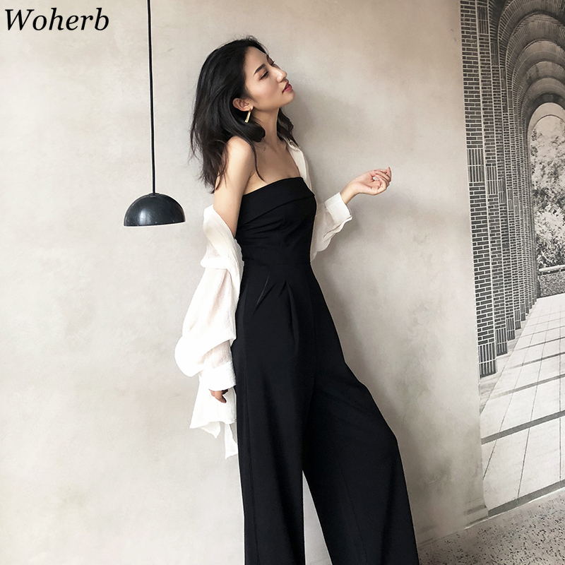 

Woherb Slash Neck Off Shoulder Wide Leg Jumpsuit High Waist Hip Sleeveless Black Holiday Playsuit 2020 New Solid Bodysuit