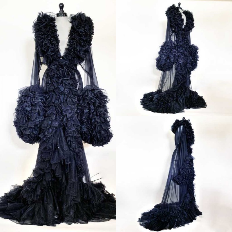 

Black Womens Robe Ruffles Nightgown Bathrobe Sleepwear Bridal Robe with Belt V Neck Party Gifts Bridesmaid Dress Long Sleeve