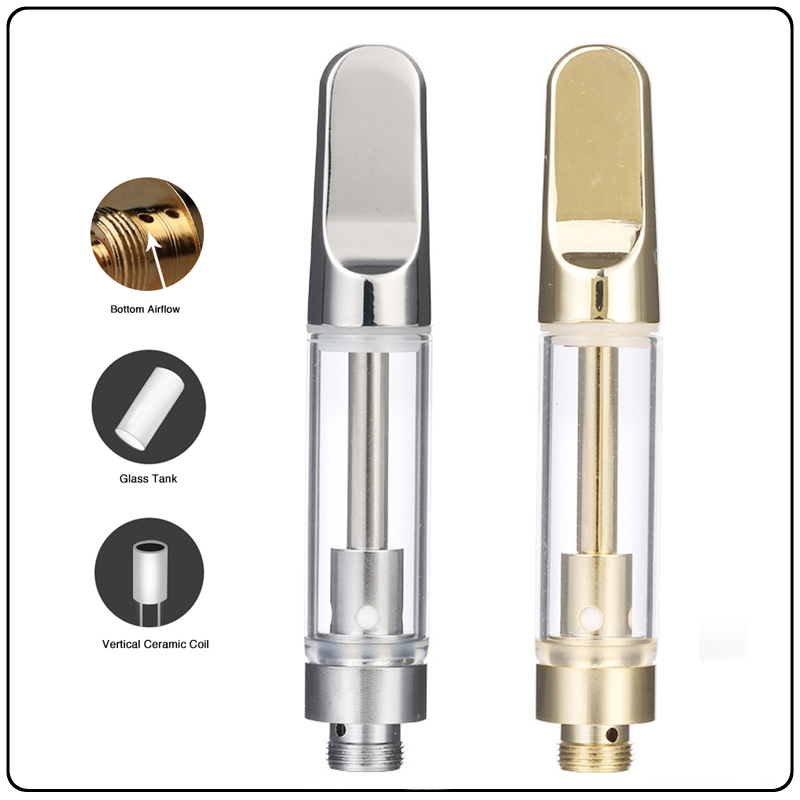

Gold Ceramic Vape Cartridge 0.5ml 1.0ml Atomizer Silver Chrome Metal Drip Tip TH205 Glass Cartridges Child Proof Plastic Tubes Carts