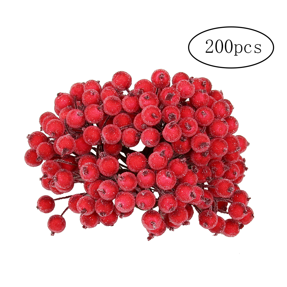 

200Pcs Artificial Frosted Berry Chic Mini Frosted Fruit Holly Artificial Flower For Diy Christmas Tree Decoration Red As Shown