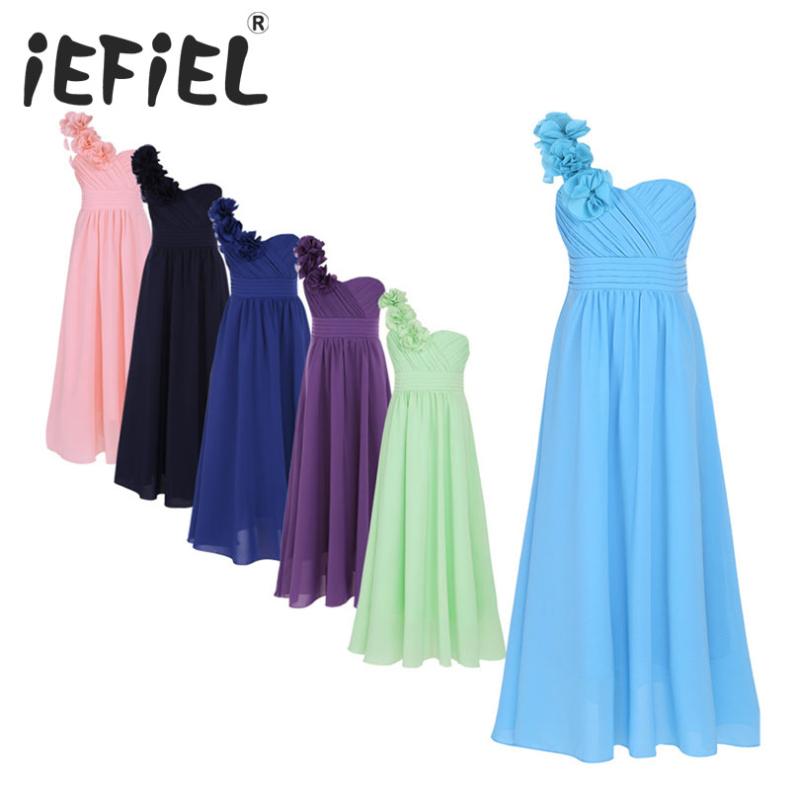 

2020 iEFiEL Girls Chiffon One-shoulder Flower Girls Dress Princess Pageant Wedding Bridesmaid Birthday Party Dress Ball Gown Pro, Light green