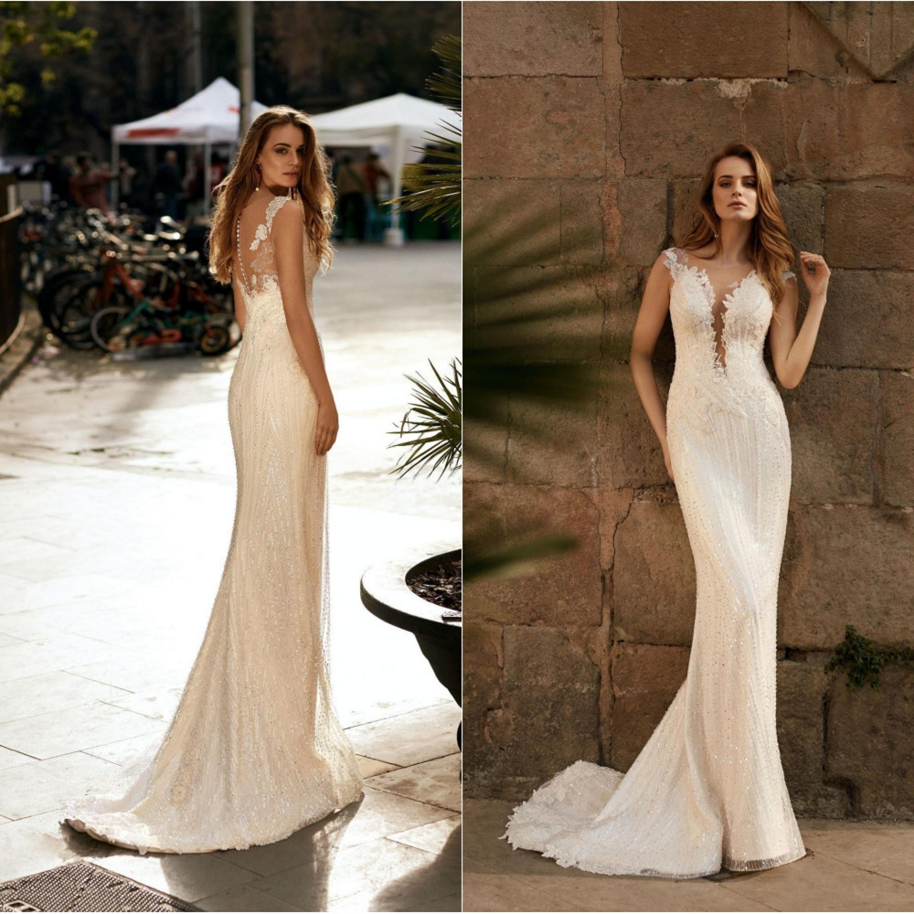 

Ricca Sposa Wedding Dresses Jewel Lace Appliques Beading Sequins Mermaid Bridal Gowns Custom Made Button Back Sweep Train Wedding Dress, Same as image