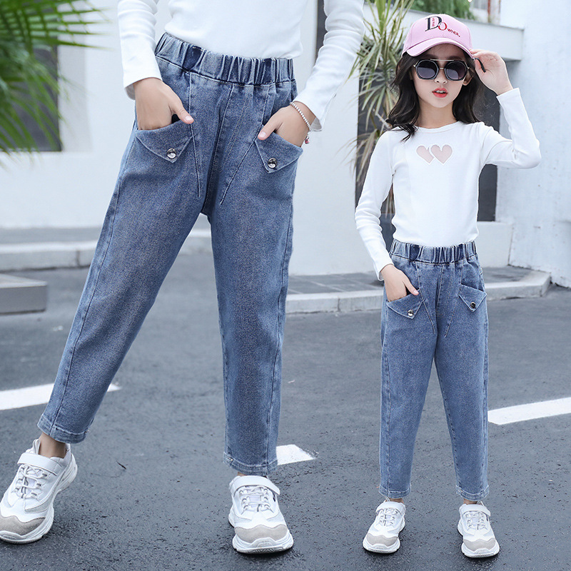 

Girls Jeans Patch Pocket Jeans For Teens Girls Elastic Waist Kids Spring Autumn Casual Clothes For 6 8 12 Year, Blue