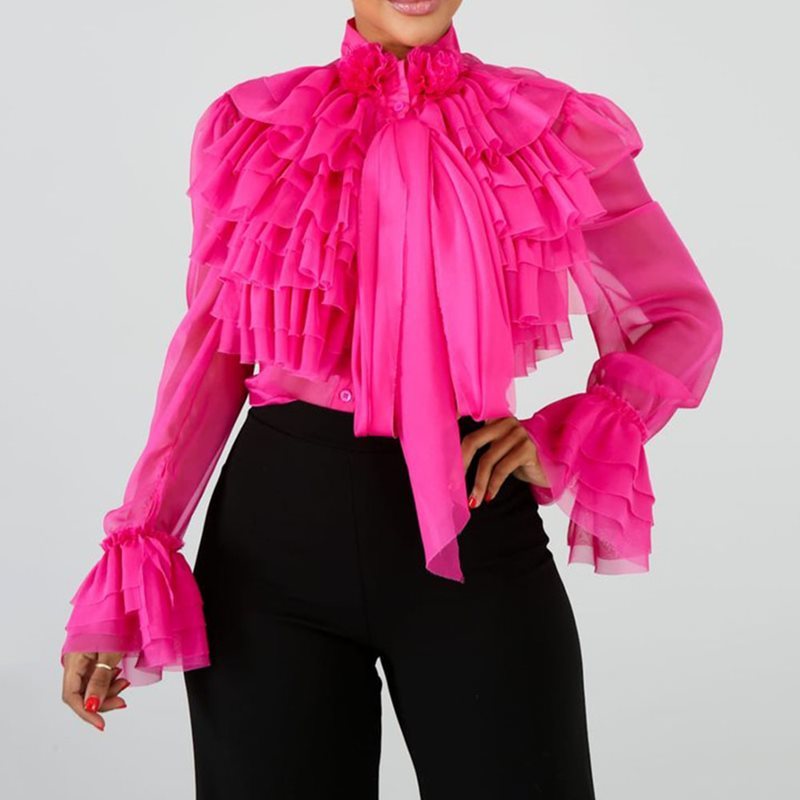 

Plain Falbala Long Sleeve Women 2019 Summer Pink Ruffles Tops Blouse Female Plus Size Office OL Elegant Lady Shirts MX200407