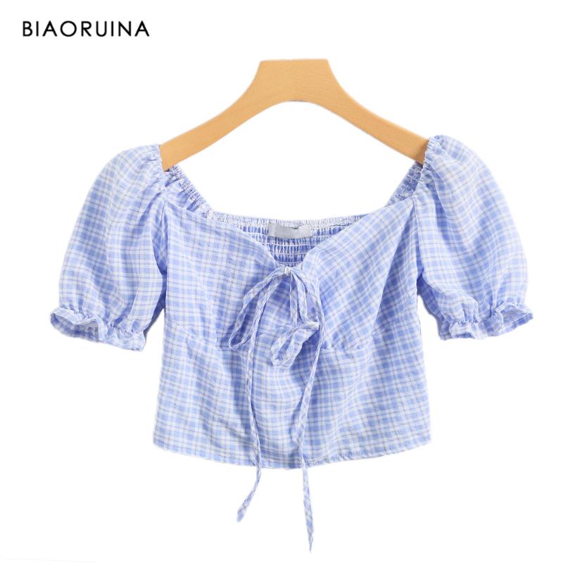 

BIAORUINA Women' Blue Plaid Fashion Short Shirt Lace-up V-neck Sexy Crop Top Summer Female Casual Blouse Streetwear Puff Sleeve, As pic