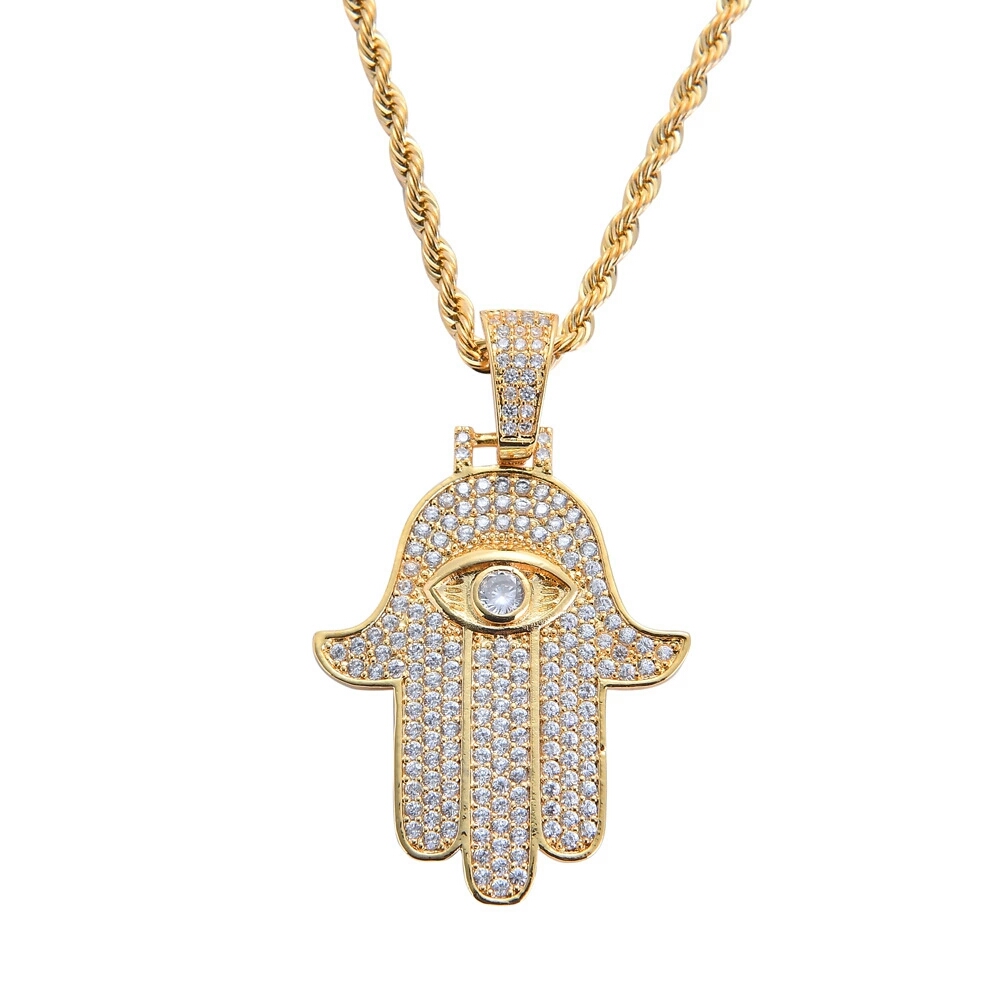 

hip hop Hamsa hand pendant necklaces for men women Hand of Fatima diamonds necklace Judea Arab Religious Protector jewelry real gold plated