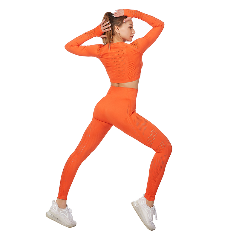 

2PCS Seamless Women Yoga Set Workout Sportswear Gym Clothing Fitness Long Sleeve Crop Top High Waist Leggings Sports Suits, Yellow pants