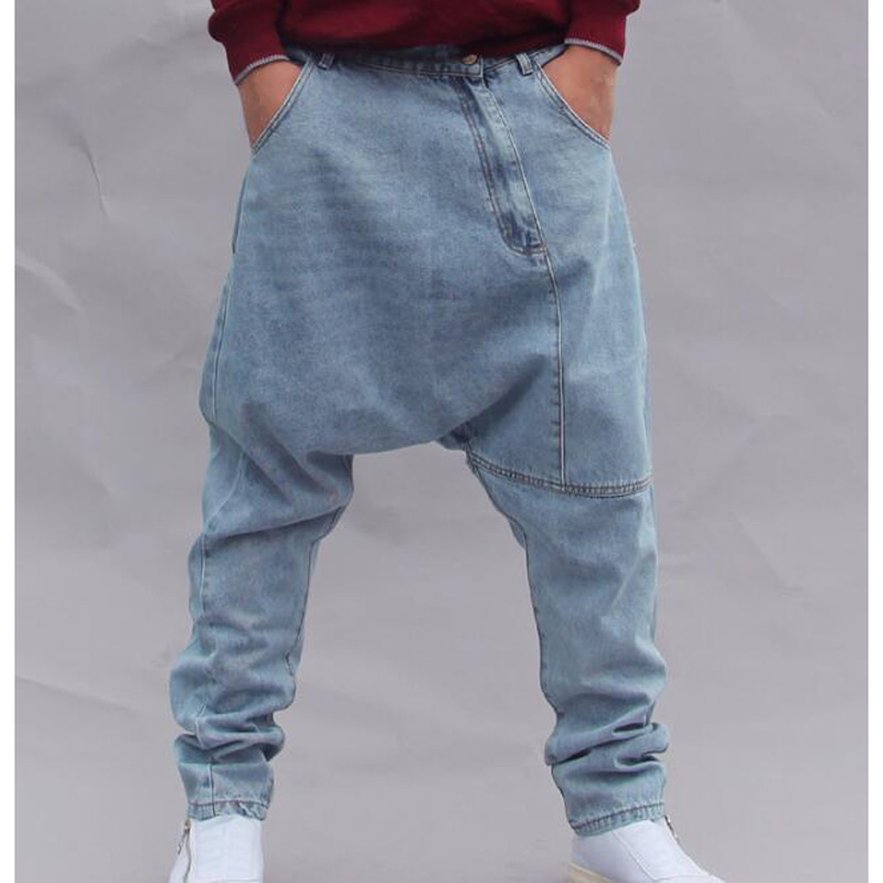 

Loose Jeans Men's Casual Denim Pants Hip Hop Harem Jeans Trousers Blue Crotch Denim Pants, Light blue